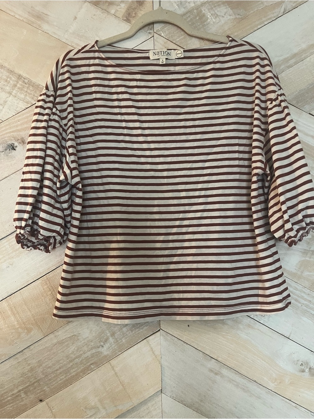 Nation LTD Striped Puff Sleeve Boatneck Top in Brown and Cream